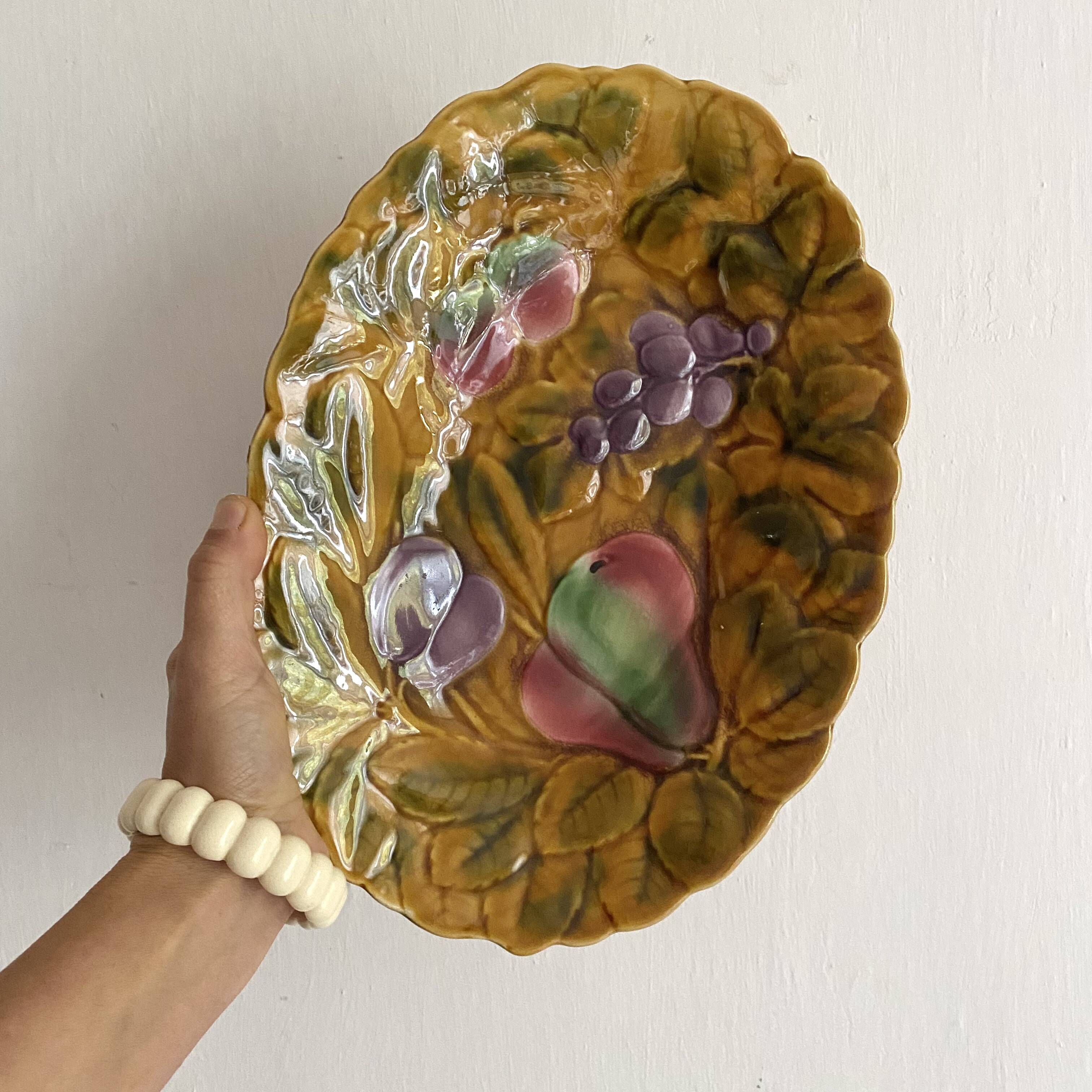 Sarreguemines barbotine oval dish with fruit decoration