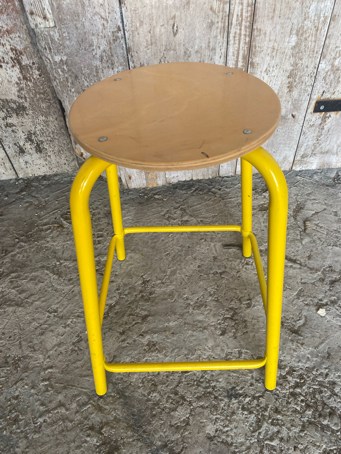 Vintage Industrial Stool Yellow Metal Tube + Wooden Seat