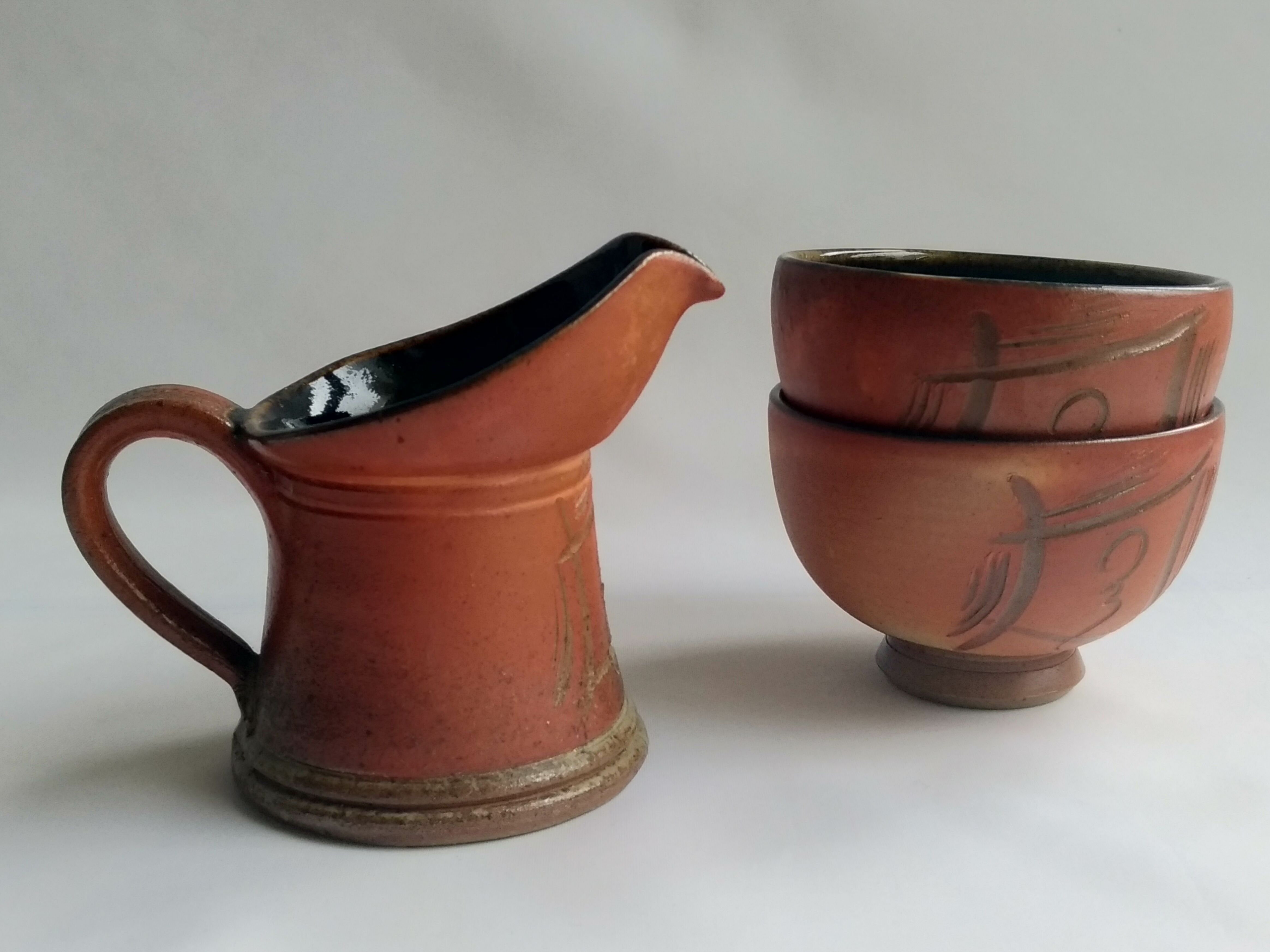 Puisaye Sandstone Coffee Service - Marina Tellier - Signed - Decorated with ideograms