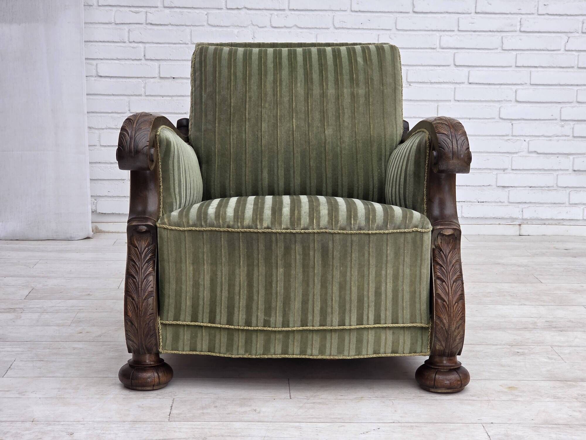 1950s, Danish relax armchair, green furniture velour, carved oak wood.