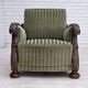 1950s, Danish relax armchair, green furniture velour, carved oak wood.
