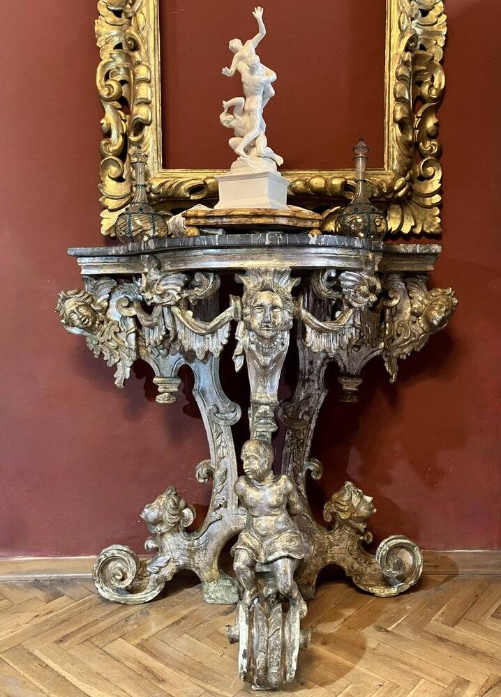 Italian Sculptural Silver Mecca Gilding Console Tables, Set of 2