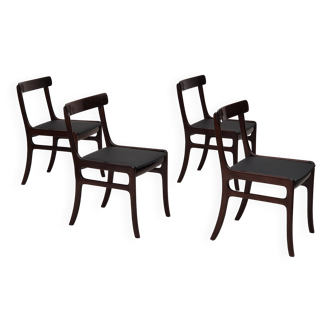 Années 1960, design danois par Ole Wanscher, ensemble de 4 chaises de salle à manger danoises, bois d'acajou, retapissé.
