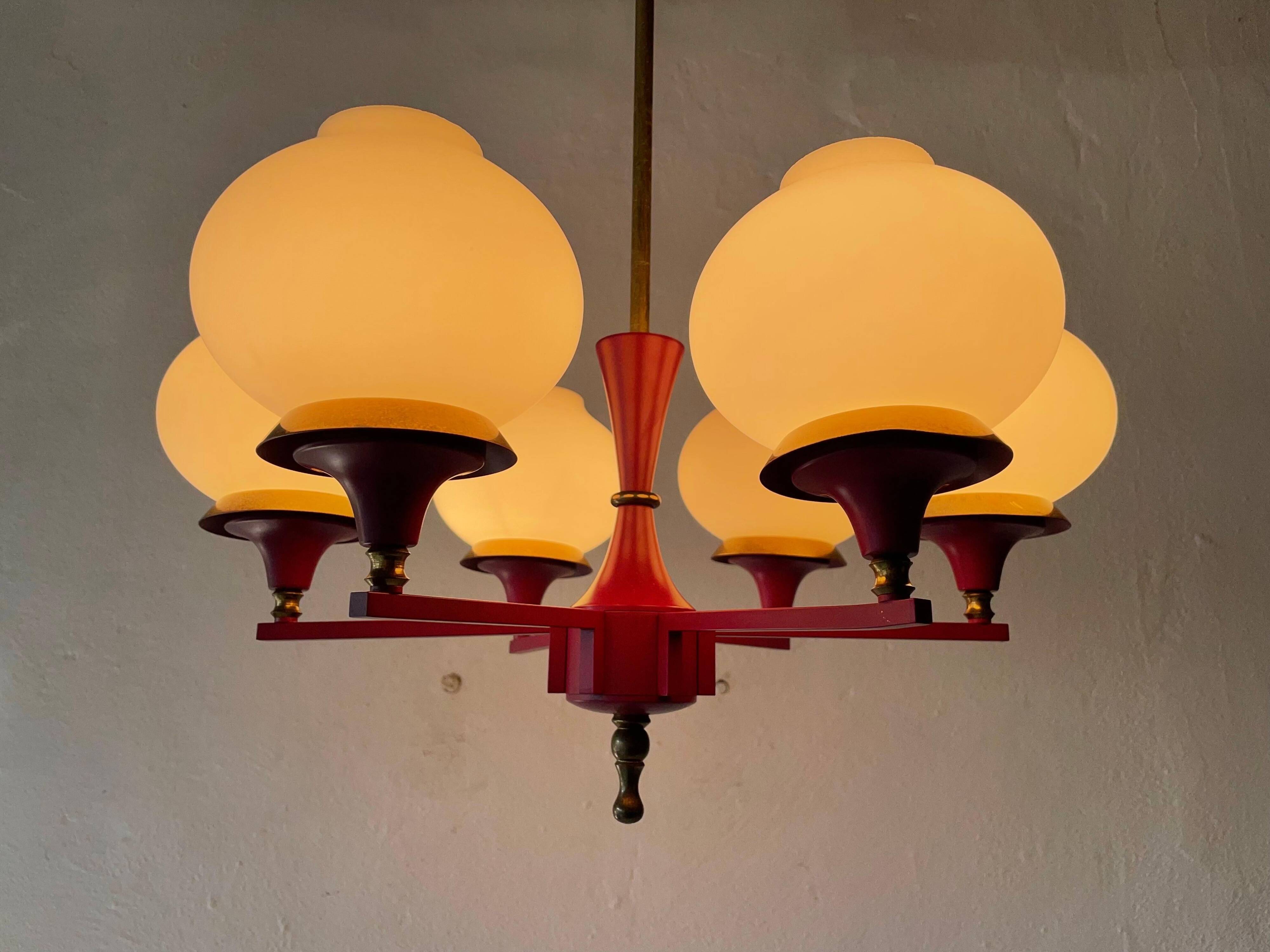 6 pendant lamps in glass and burgundy brass by Hans-Agne Jakobsson, 1960s, Sweden