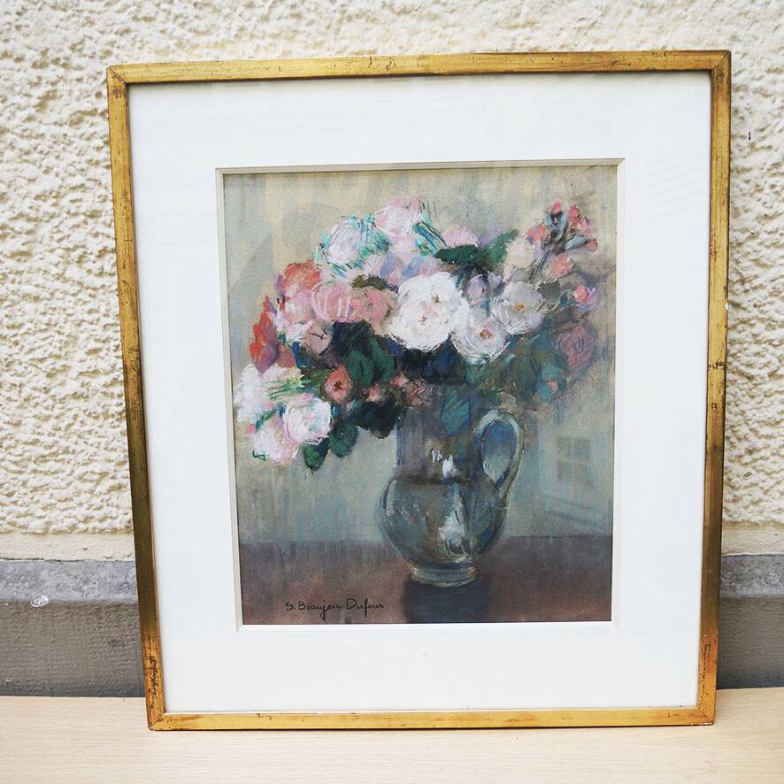 Old framed pastel painting signed – S. Beaujeu Dufour – Bouquet