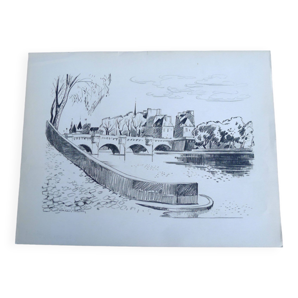 Dessin original à la pierre noire par Jean Villette (1913-2005)