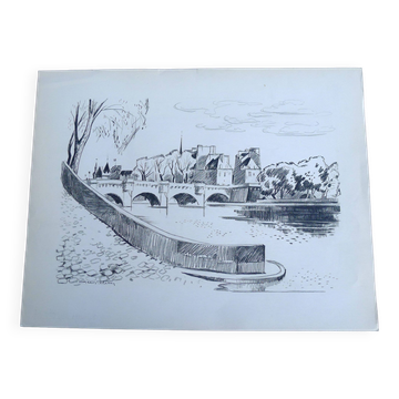 Dessin original à la pierre noire par Jean Villette (1913-2005)