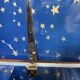 Antique chest hand-painted with a snowy village scene and a starry interior.