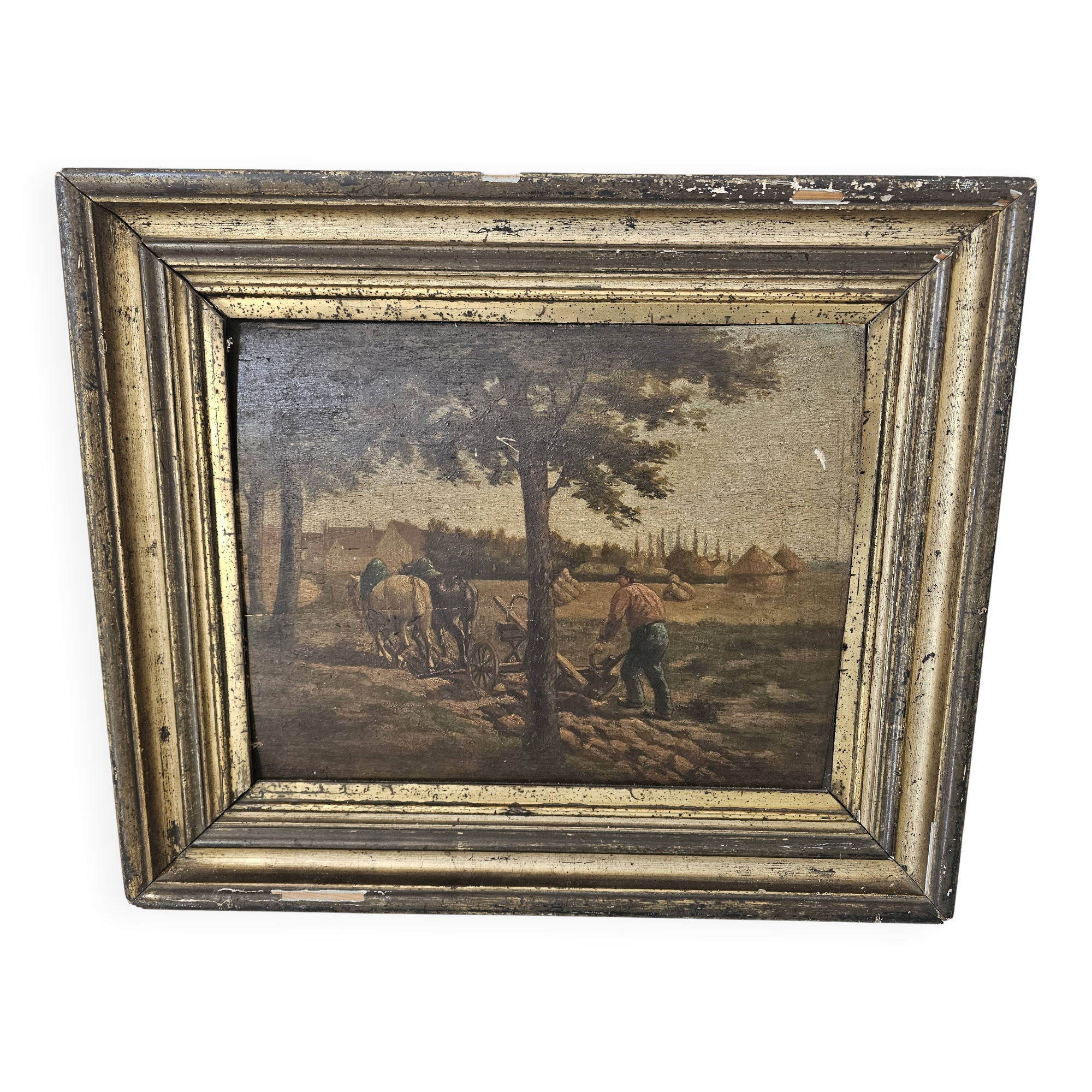 Oil painting panel - Countryside landscape Ploughing scene Signed Plaisant XI