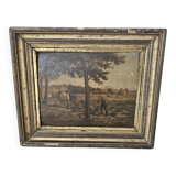 Oil painting panel - Countryside landscape Ploughing scene Signed Plaisant XI