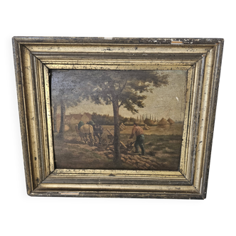 Oil painting panel - Countryside landscape Ploughing scene Signed Plaisant XI