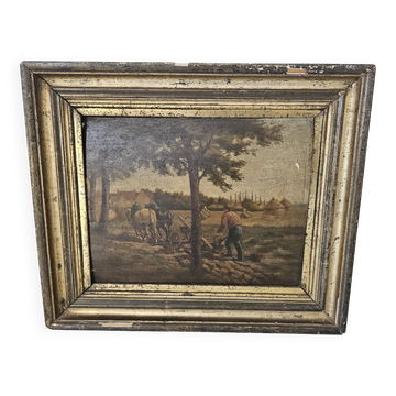 Oil painting panel - Countryside landscape Ploughing scene Signed Plaisant XI