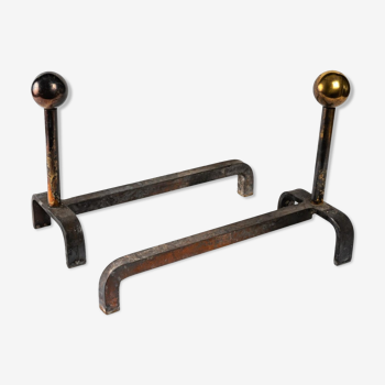 Pair of cast iron and brass chenets, 1960