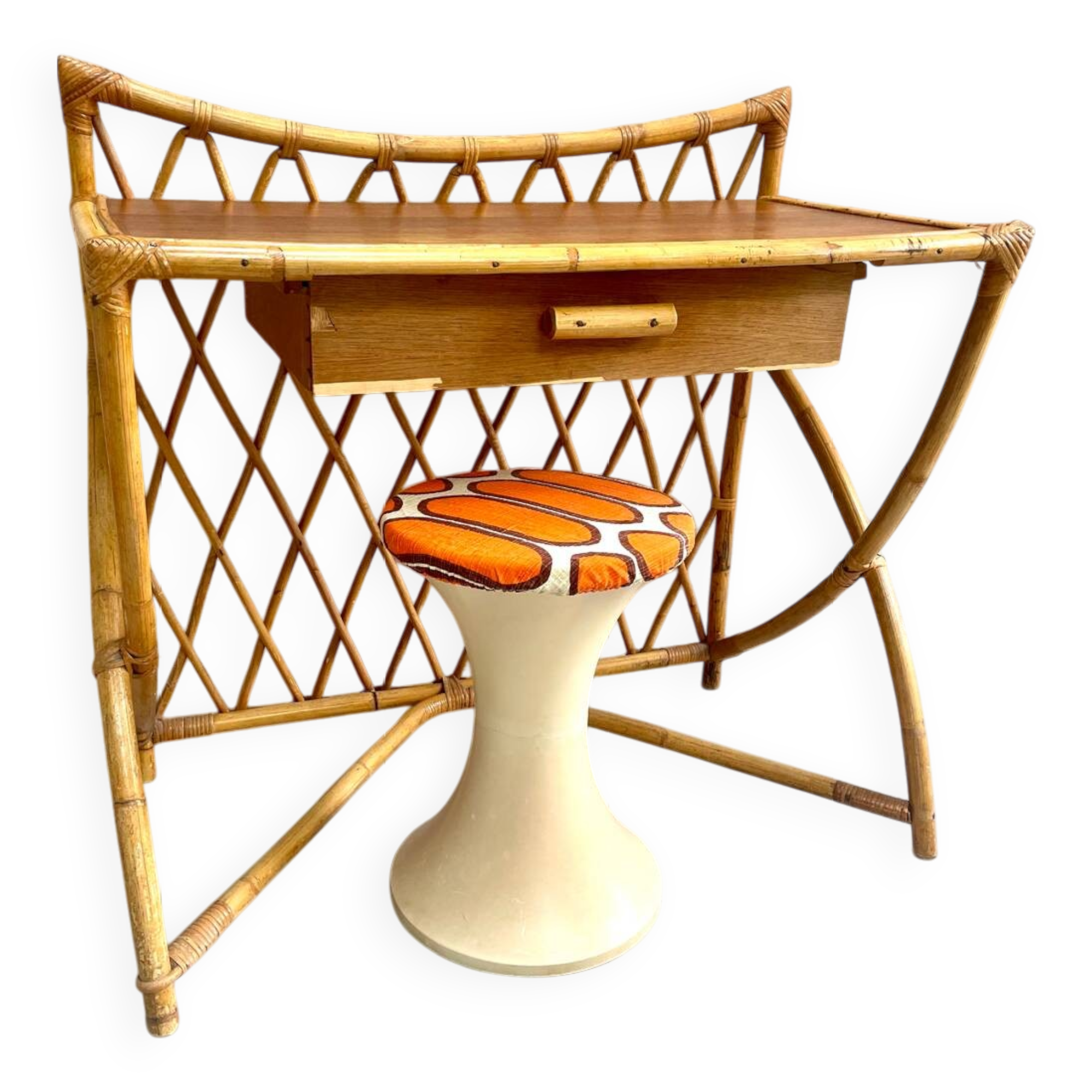 Bamboo and rattan desk and stool