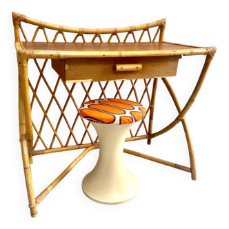 Bamboo and rattan desk and stool