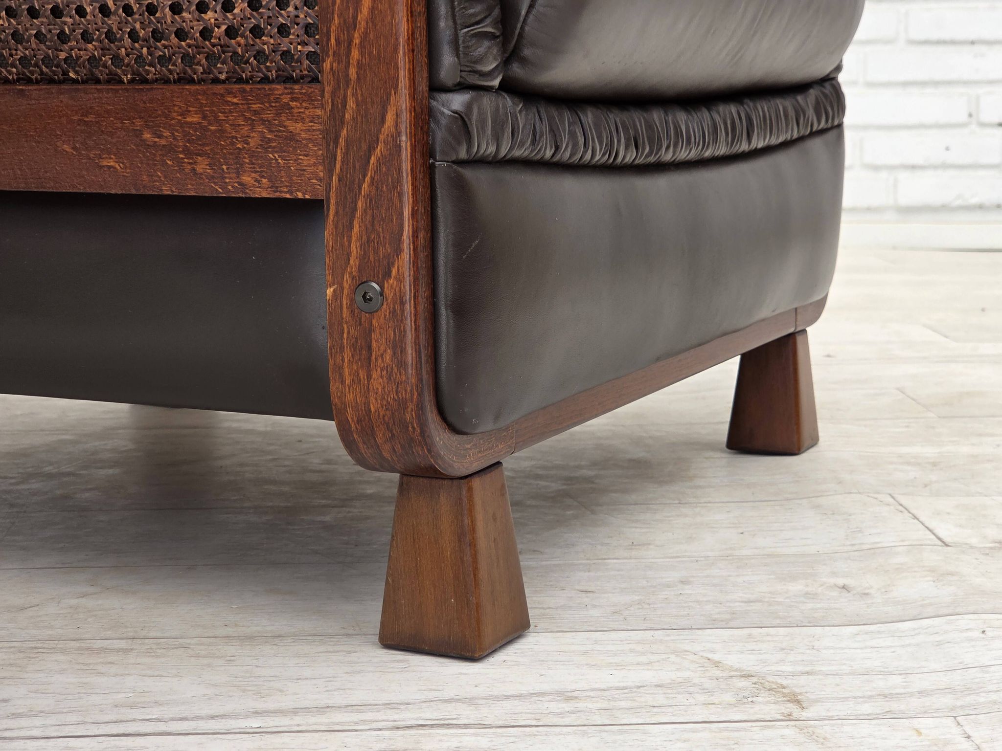 1970s, Scandinavian armchair, brown furniture leather, teak wood legs.