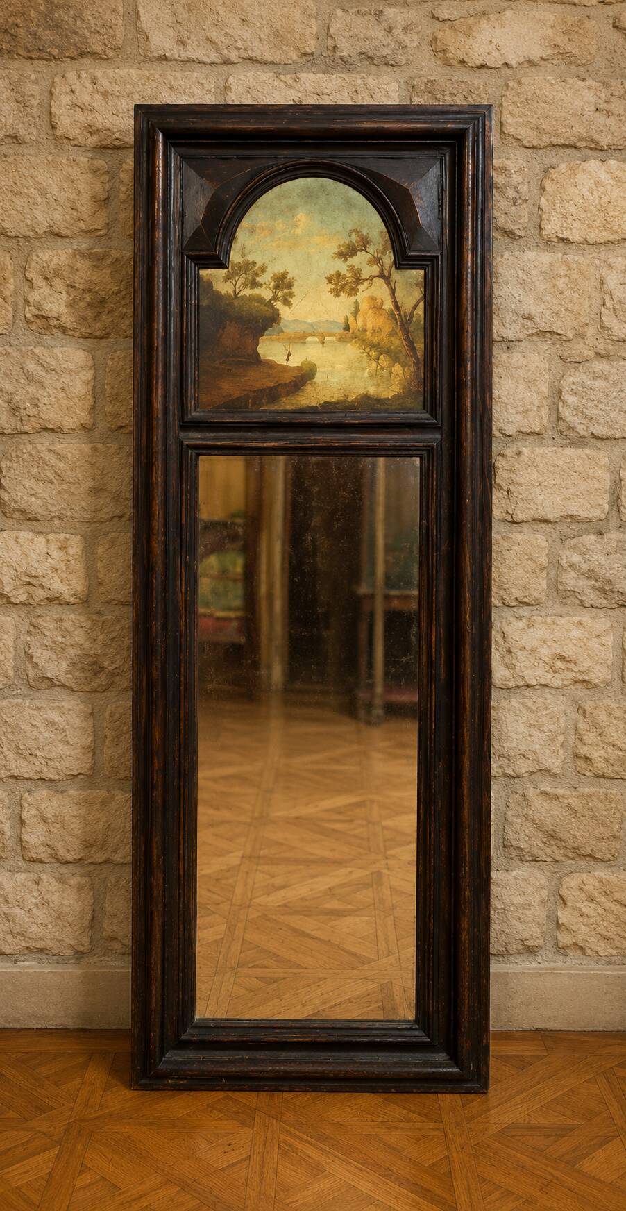 Dark wood trumeau with a mirror and landscape painting.