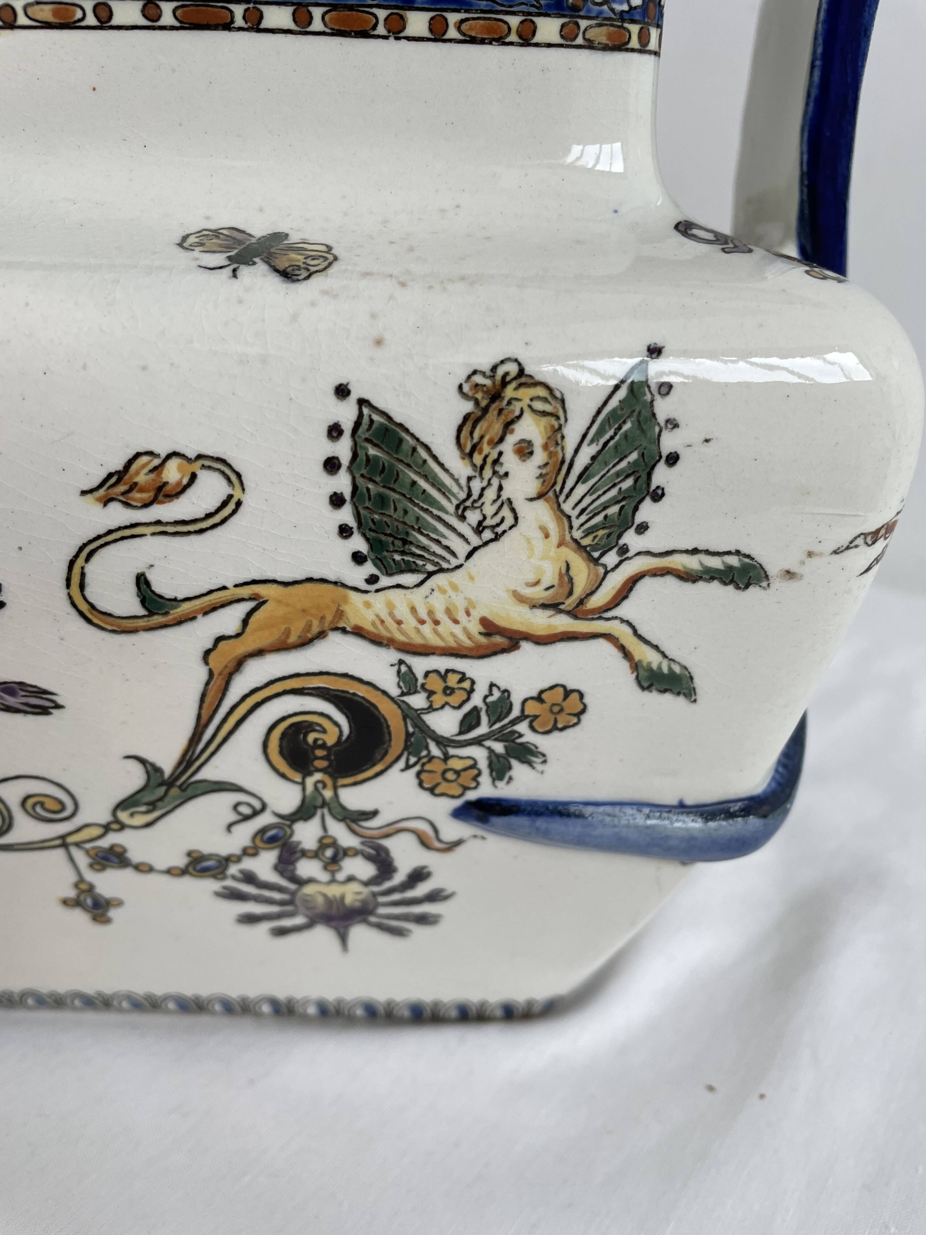 Planter, cache pot, Gien earthenware, rich decoration, Italian Renaissance, winged angel, antique decoration