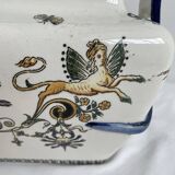 Planter, cache pot, Gien earthenware, rich decoration, Italian Renaissance, winged angel, antique decoration