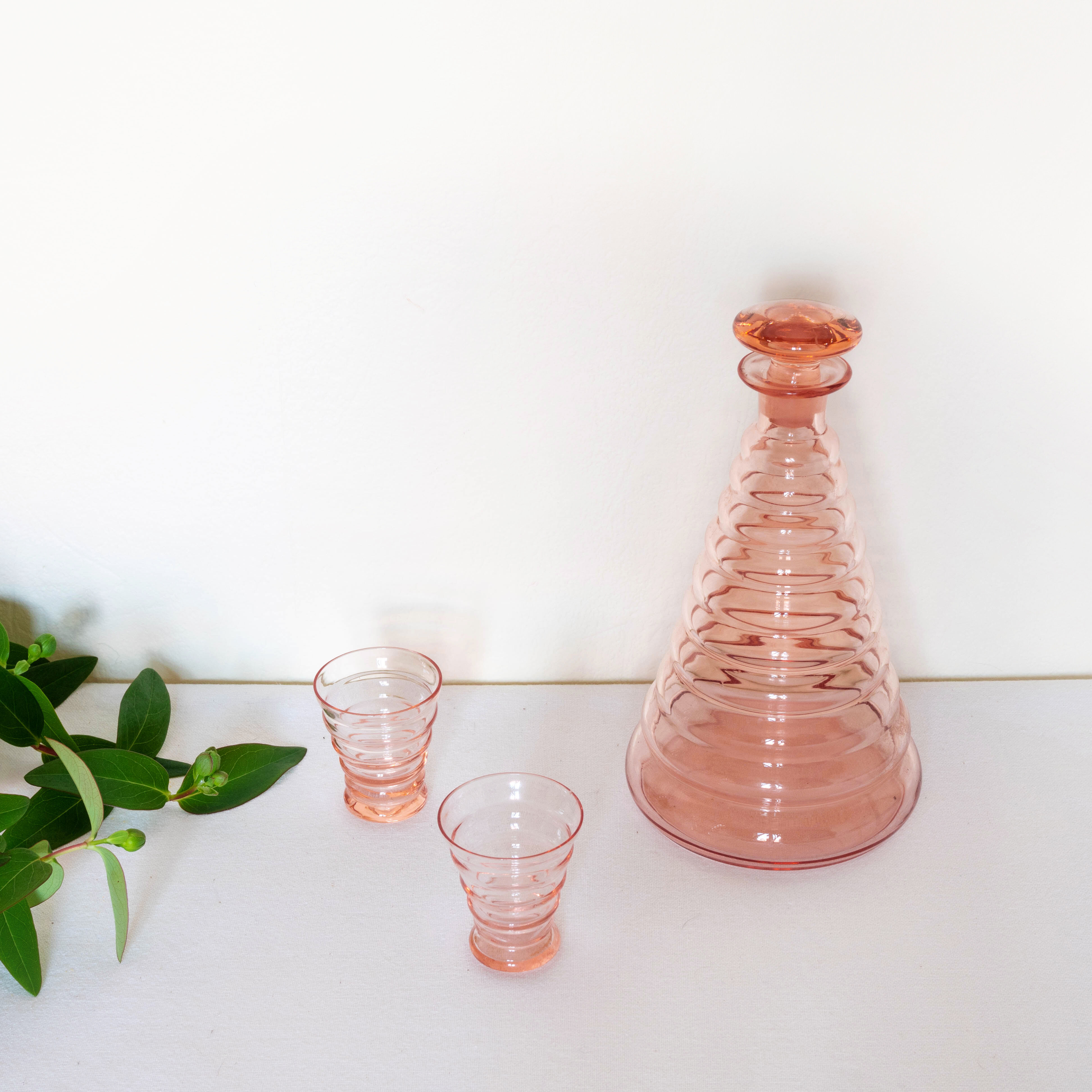 Old pink glass liqueur carafe and 2 glasses