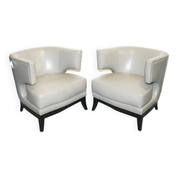 Fauteuils à Dossier Rond en Cuir Gris avec Clous de Coach House, Set de 2