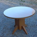 1950s round oak table, 2 heights, central quadripod leg