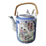 Japanese fine porcelain teapot, Geisha/cherry blossom patterns, Bamboo imitation handle