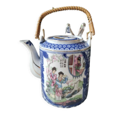 Japanese fine porcelain teapot, Geisha/cherry blossom patterns, Bamboo imitation handle