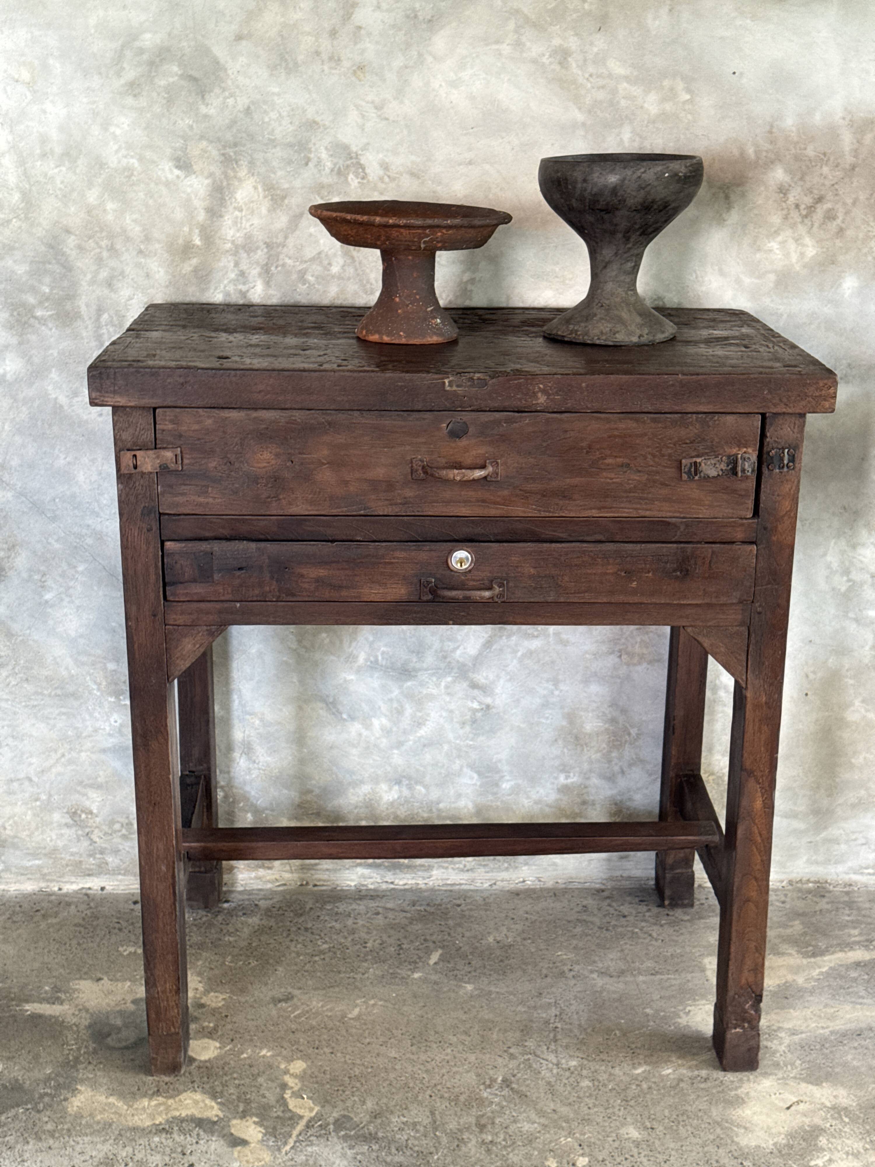 Antique Indonesian teak workbench with two drawers and stretcher H89.