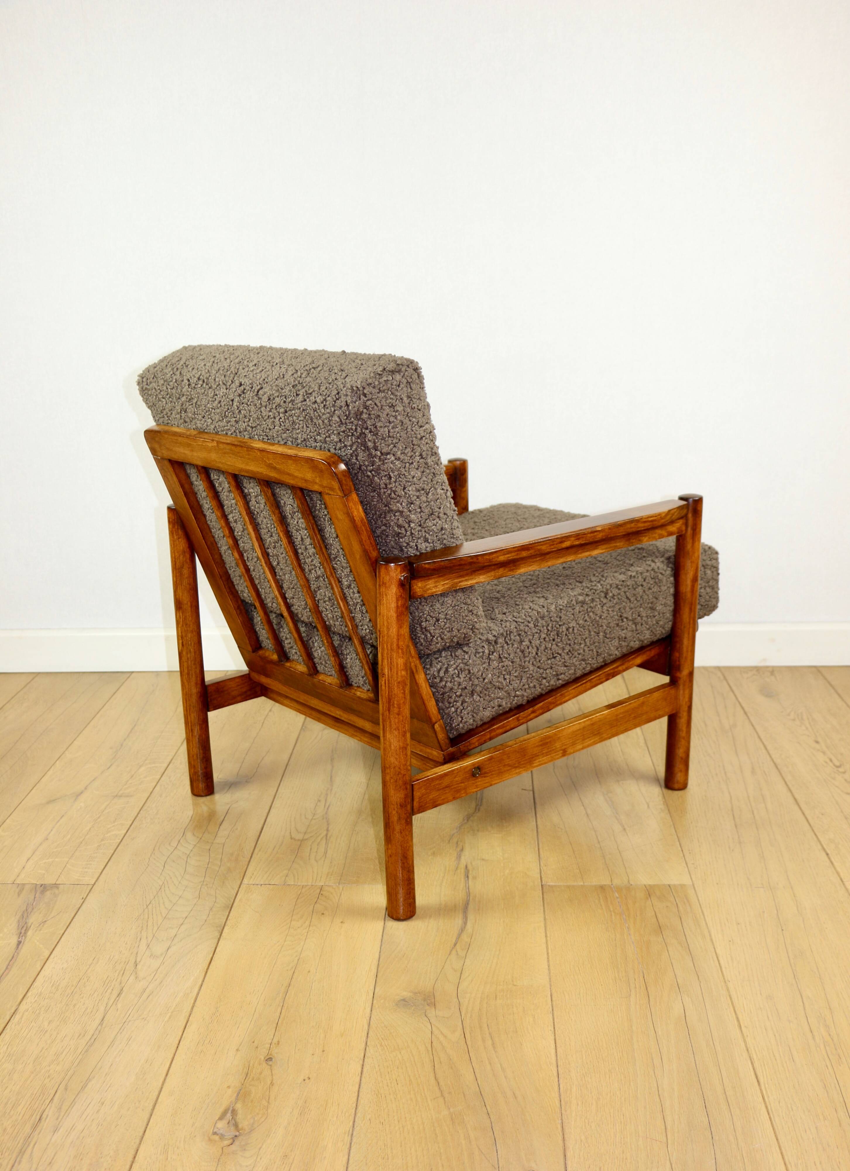 Wooden armchair designed by Z. Baczyk brown vintage chocolate brown boucle lamb