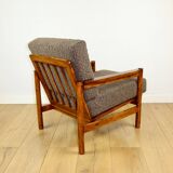 Wooden armchair designed by Z. Baczyk brown vintage chocolate brown boucle lamb