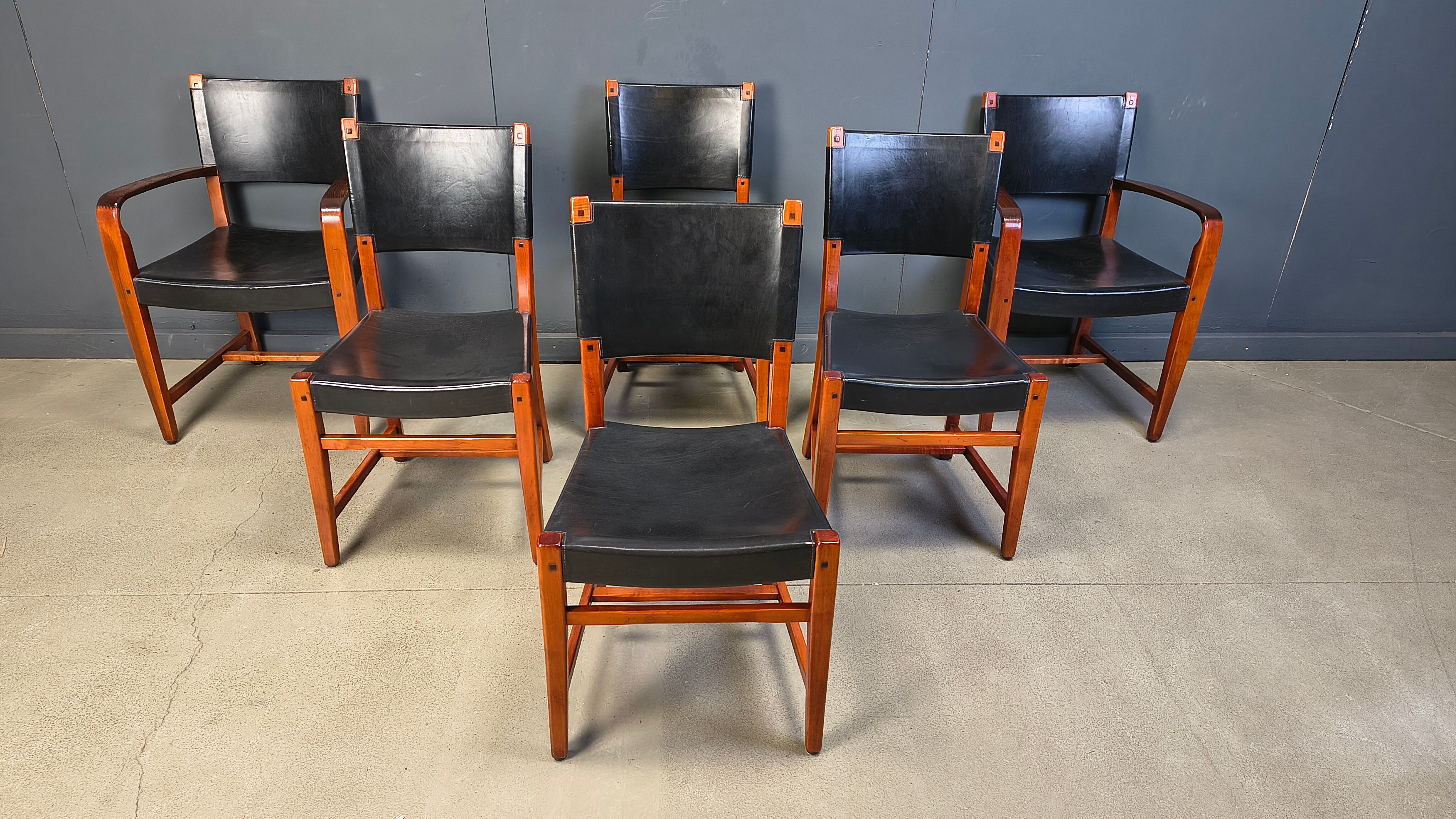Vintage Spanish leather and wood dining chairs, set of 6 - 1970s