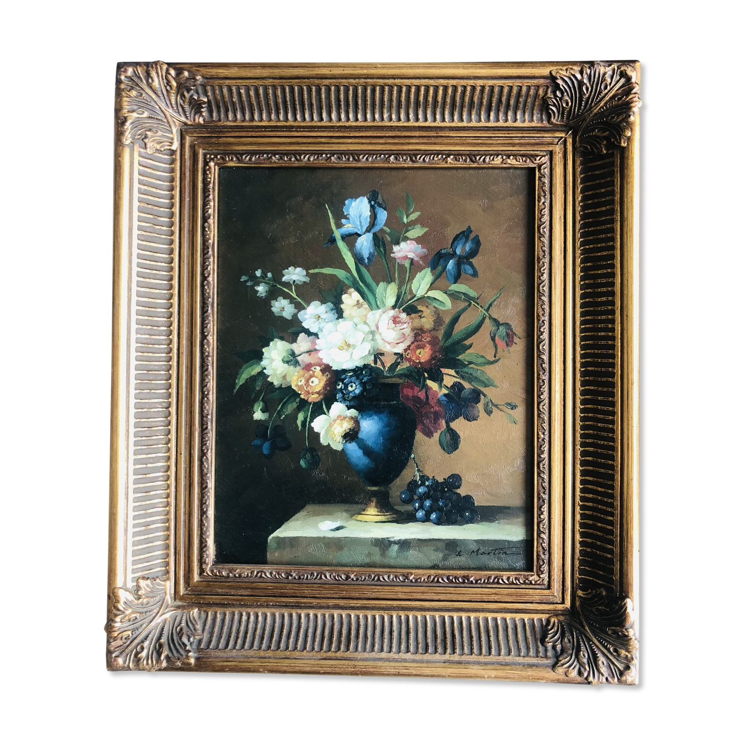 Oil on canvas still life with flowers and grapes