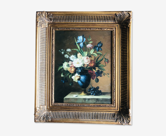Oil on canvas still life with flowers and grapes