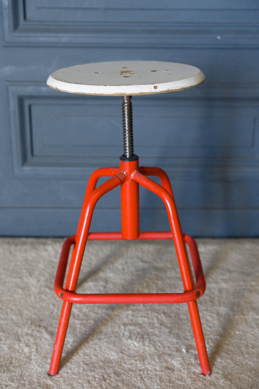 Screw stool red ironwork 1960 wooden seat
