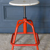 Screw stool red ironwork 1960 wooden seat