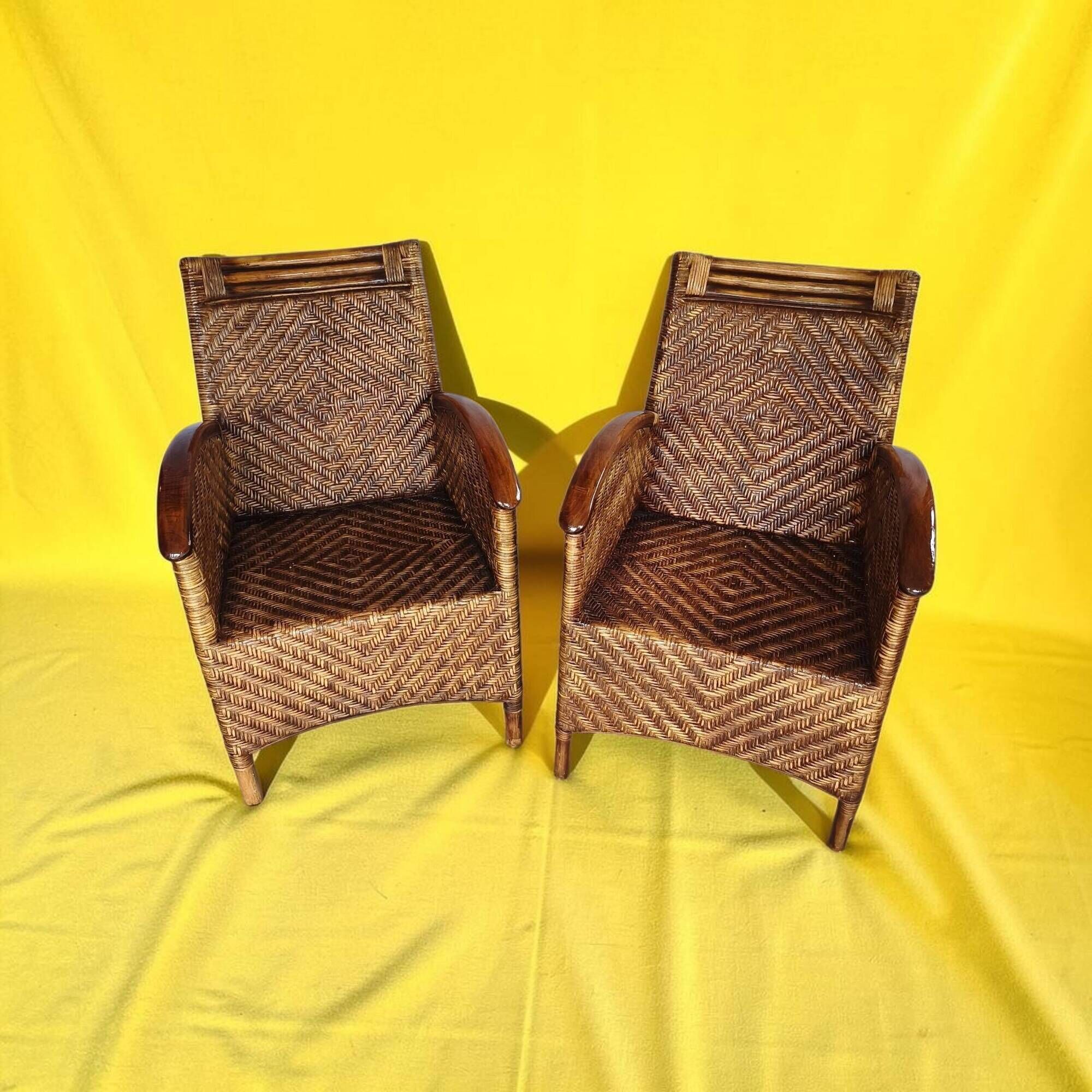 Pair of woven rattan and varnished wood armchairs - Vintage