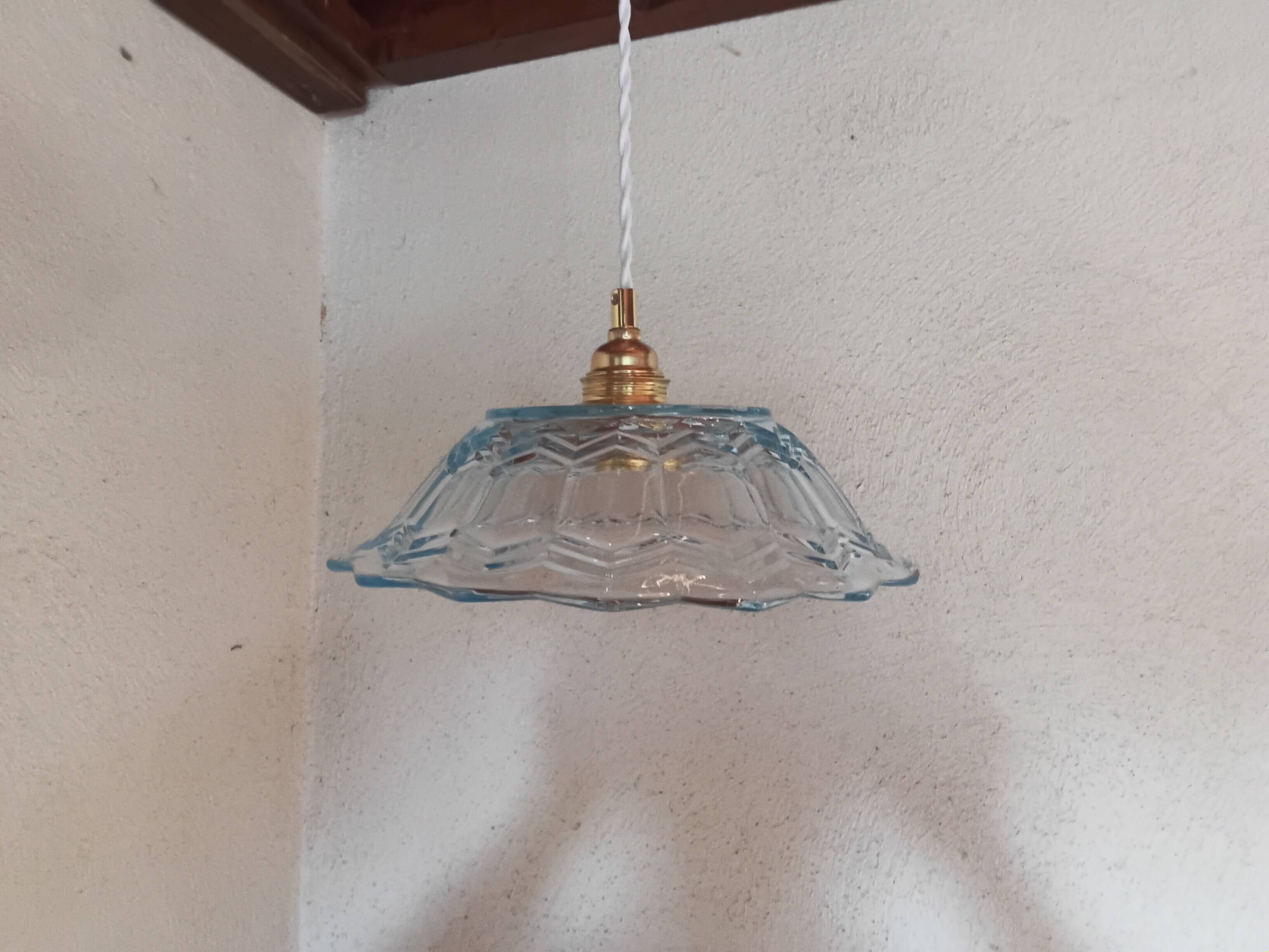 Vintage pendant light in blue chiseled glass
