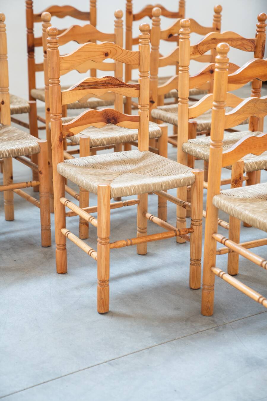 Rustic Friulian chairs with turned legs, set of 12, 1980-1990