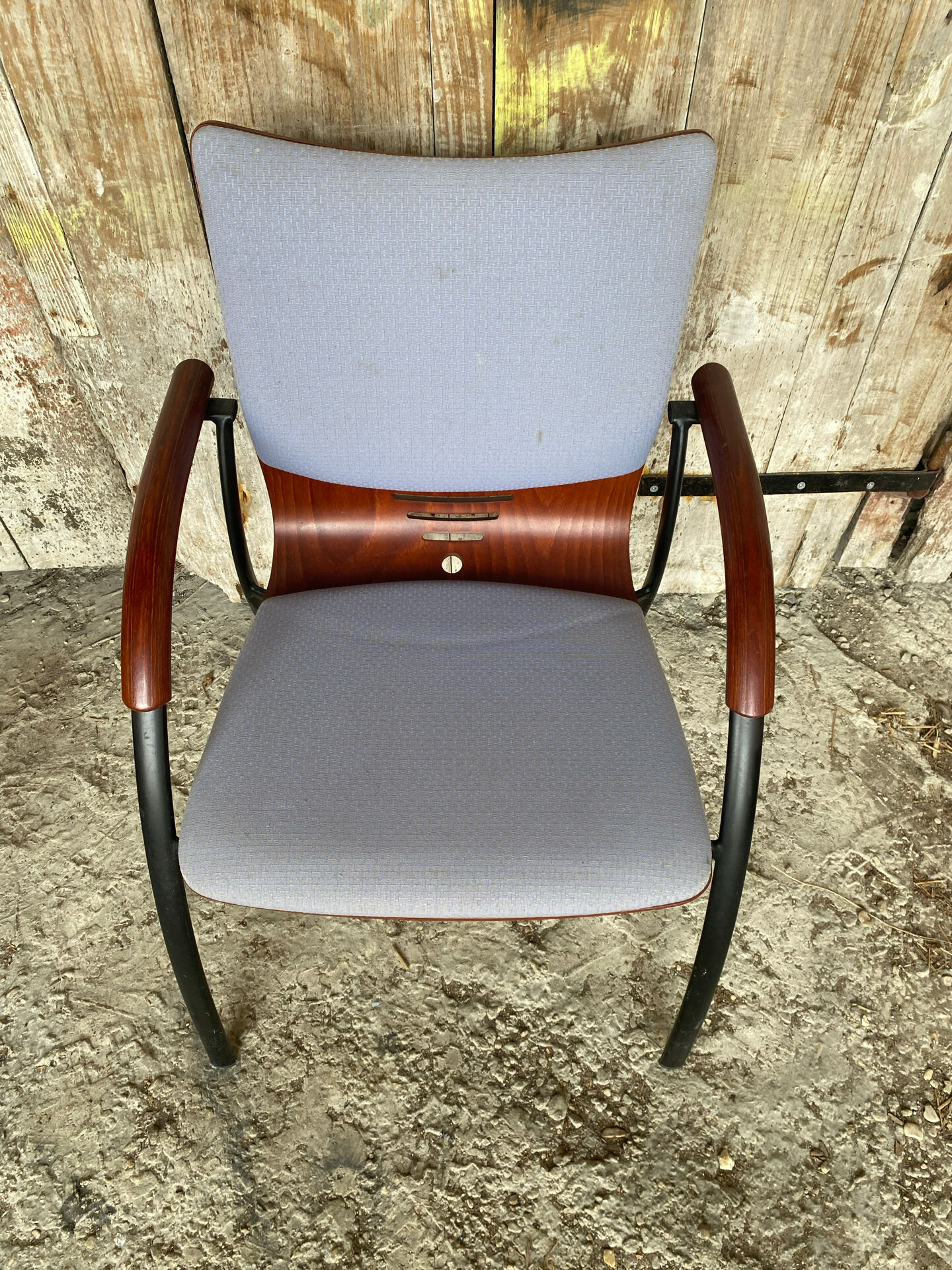 Vintage Armchair RONÉO Black Metal Legs + Dark Wood Shell + Vintage Fabric
