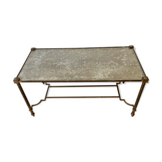 Neo-classical brass coffee table with aged oxidized mirror tray