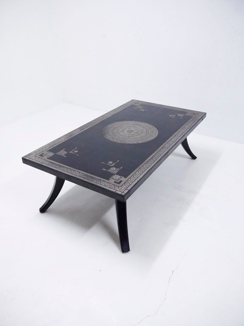 Antique wooden coffee table painted in black and incised with white painted decorations, Ettore Zaccari, Italy c 1910