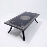 Antique wooden coffee table painted in black and incised with white painted decorations, Ettore Zaccari, Italy c 1910