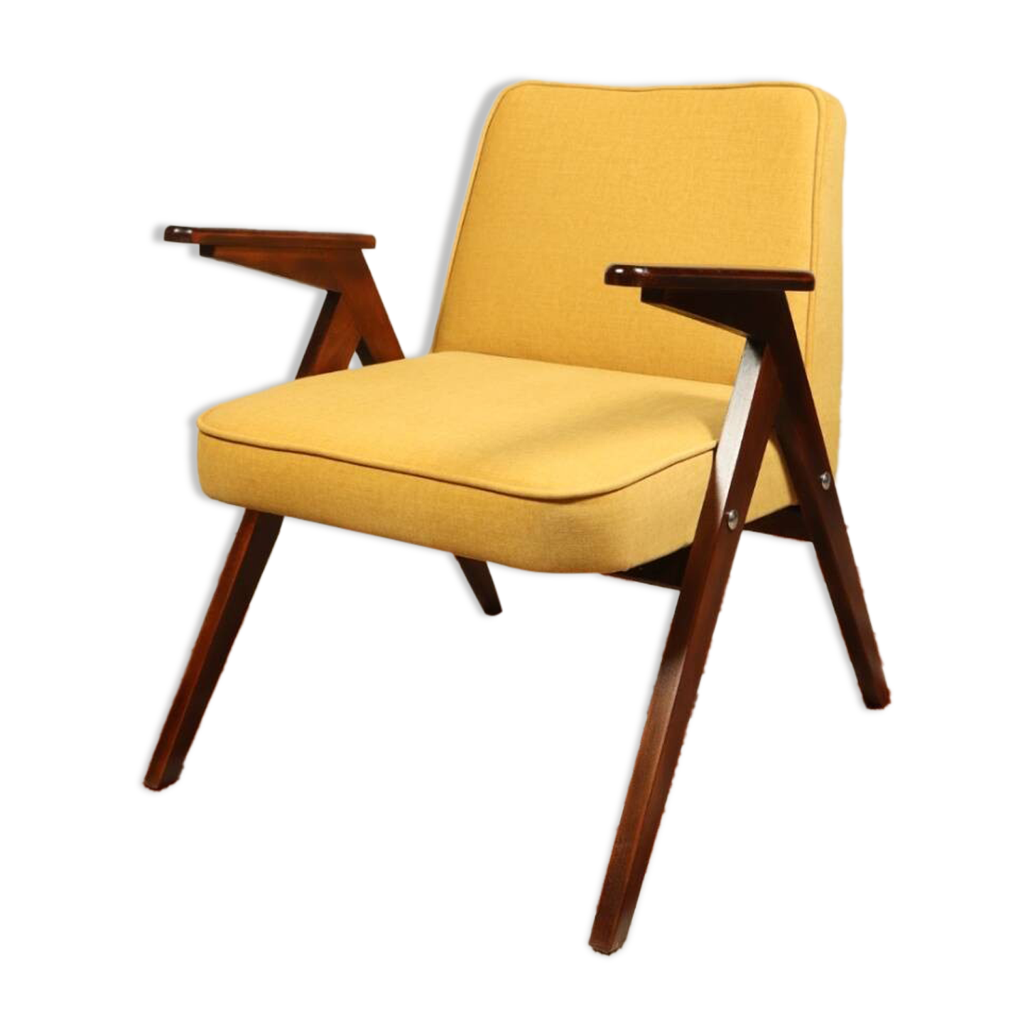 Wooden and yellow velvet armchair by Chierowski