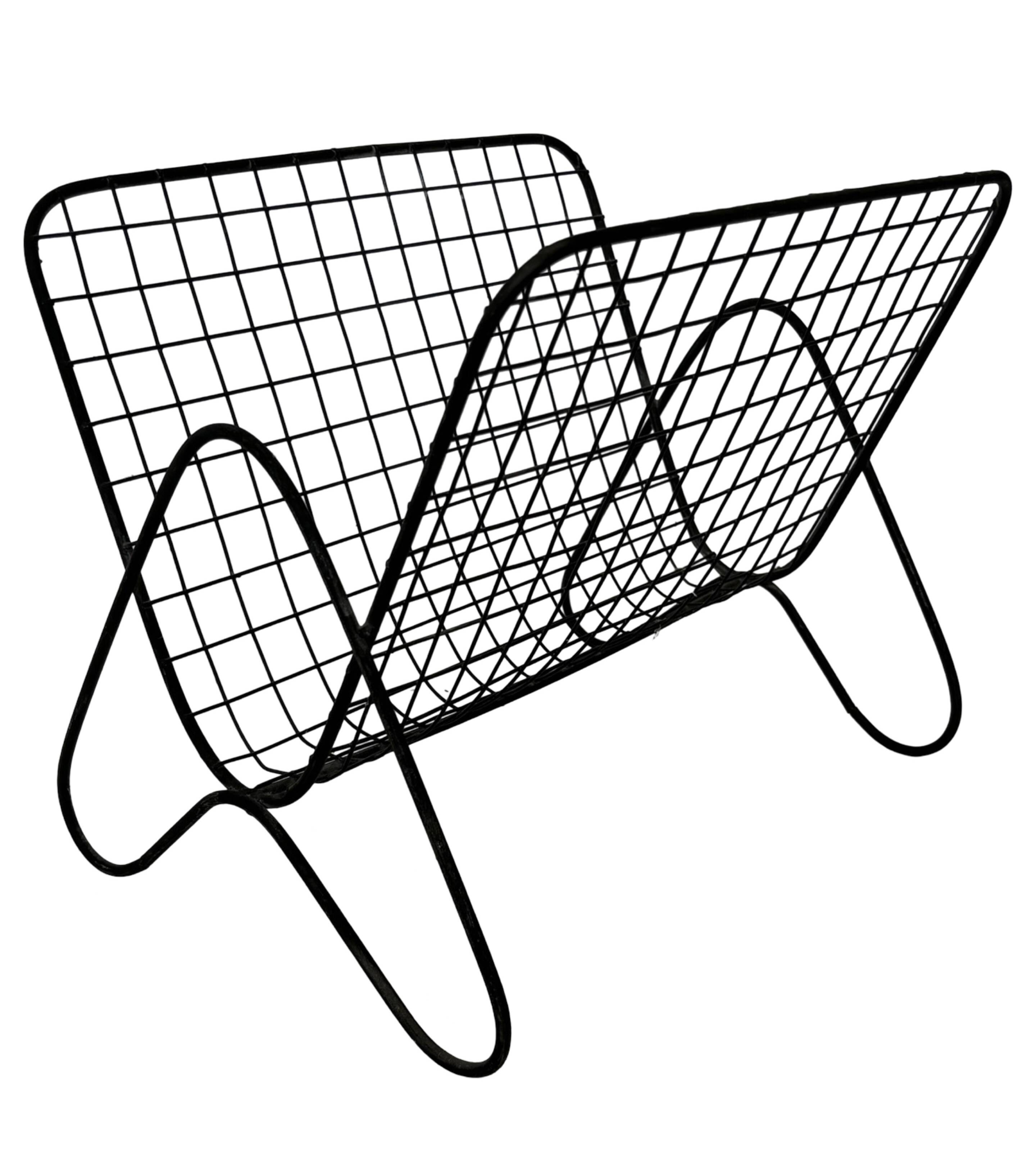 Porte-revues vintage, panier à livres, fil d'acier, métal, design des années 1970