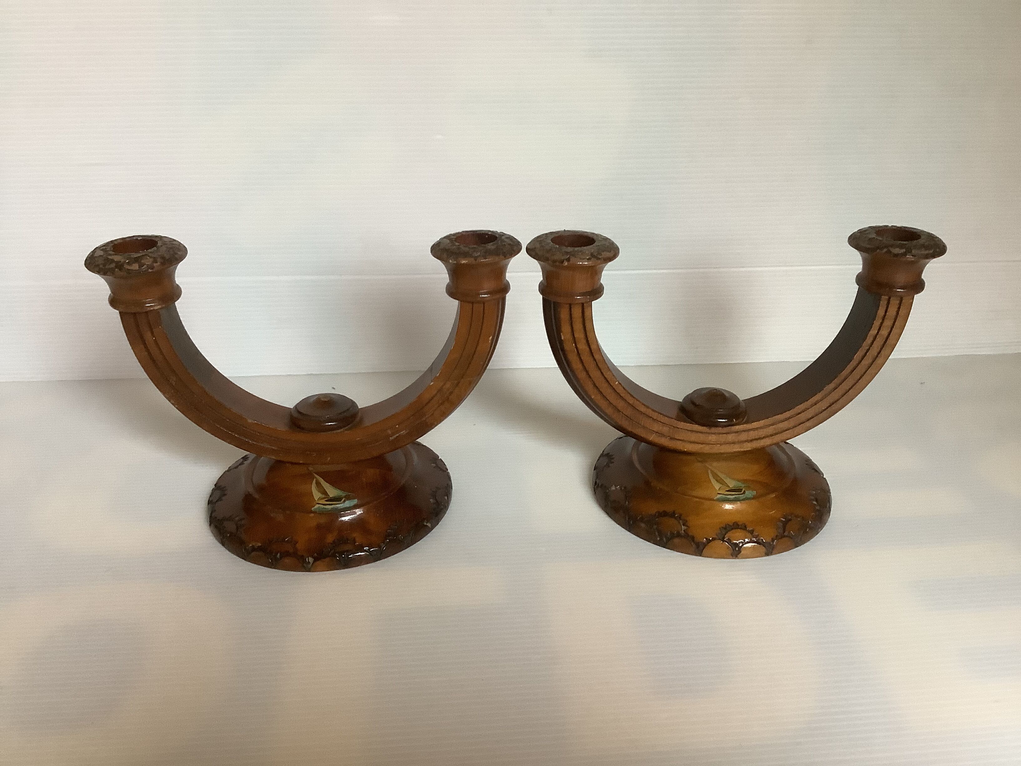 Old pair of brutalist wooden candlesticks dried flower candles