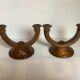 Old pair of brutalist wooden candlesticks dried flower candles