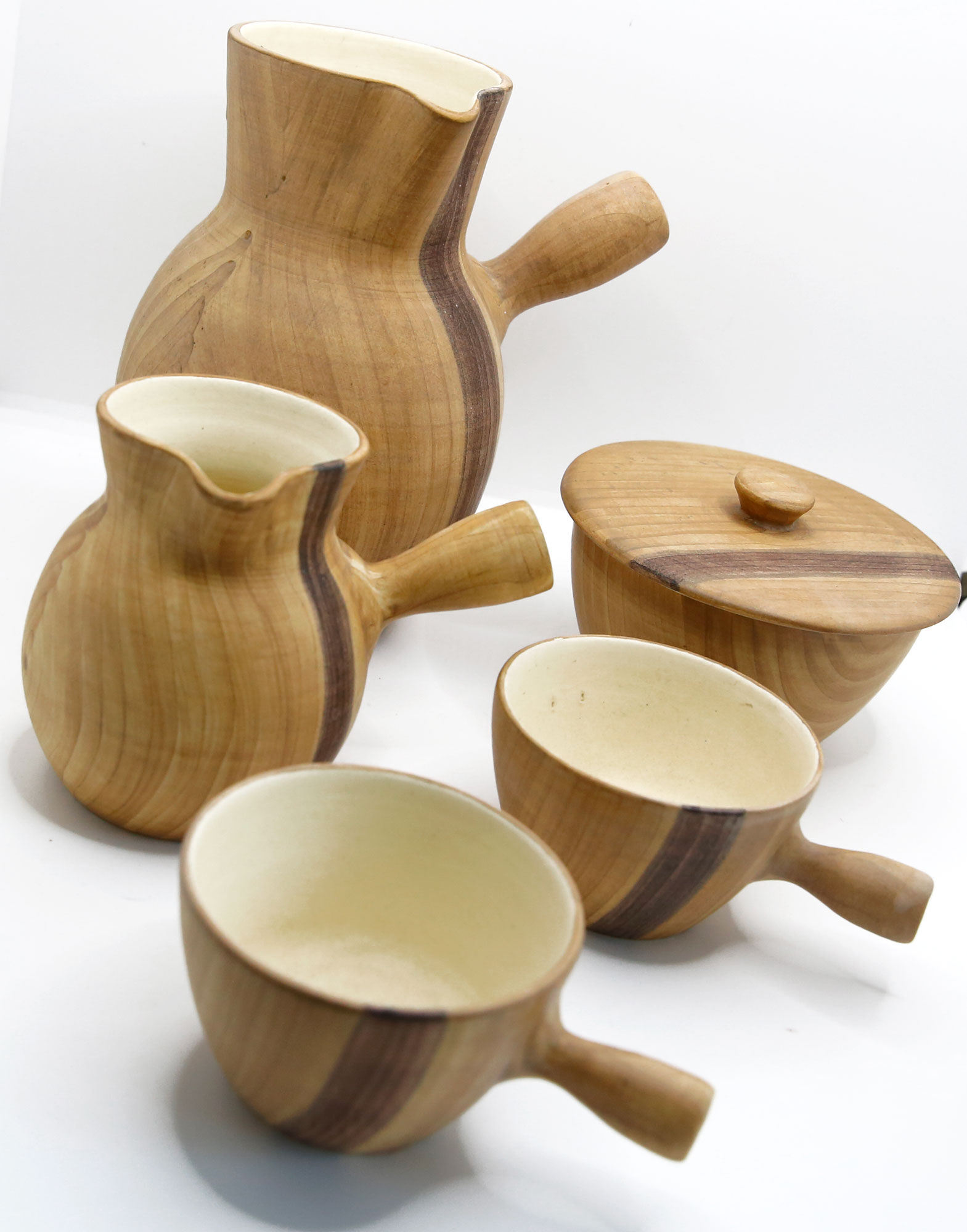 Coffee service in earthenware imitation olive wood by Grandjean Jourdan in Vallauris