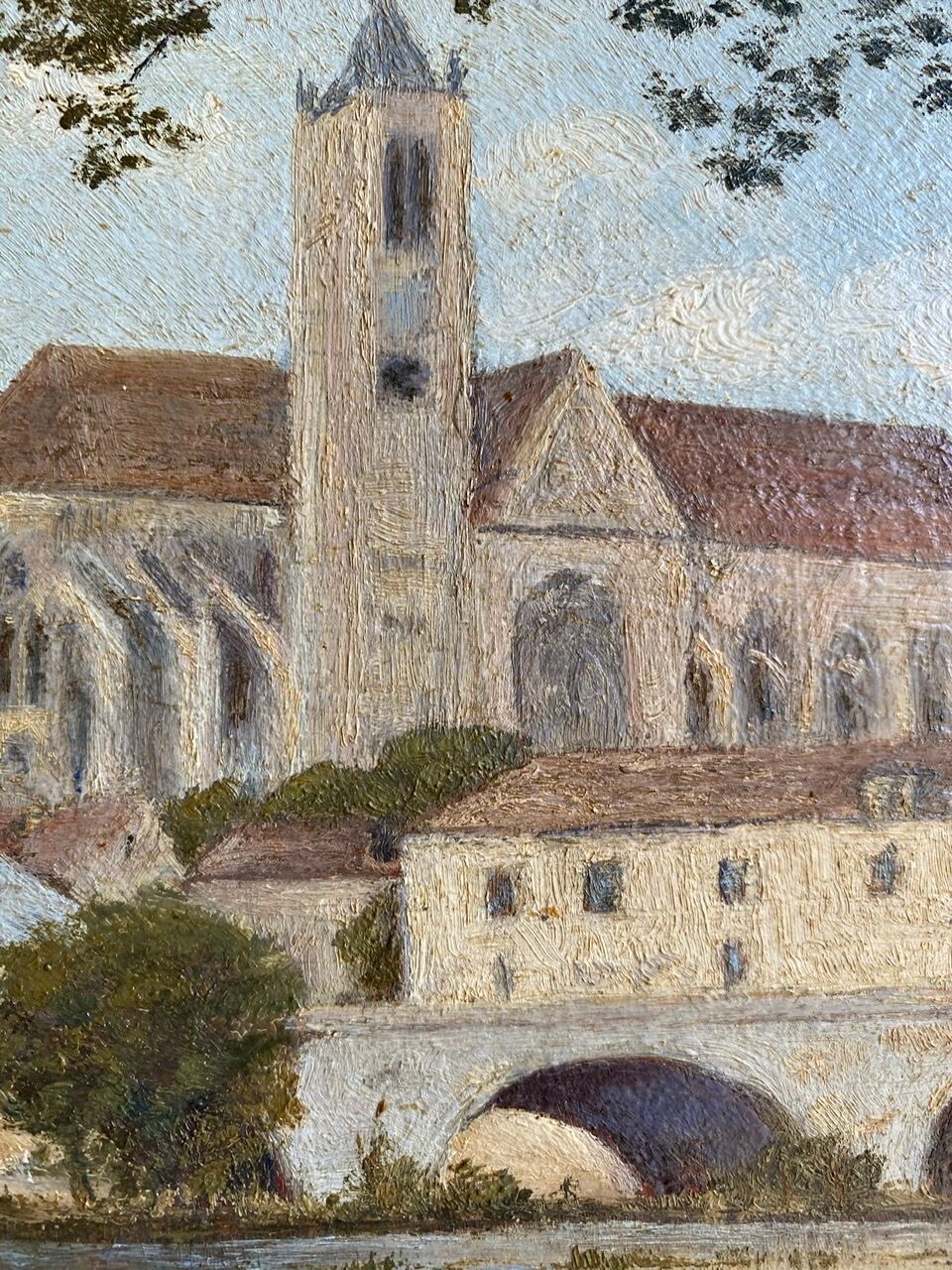 Ancient painting, landscape at the river signed and dated 1946