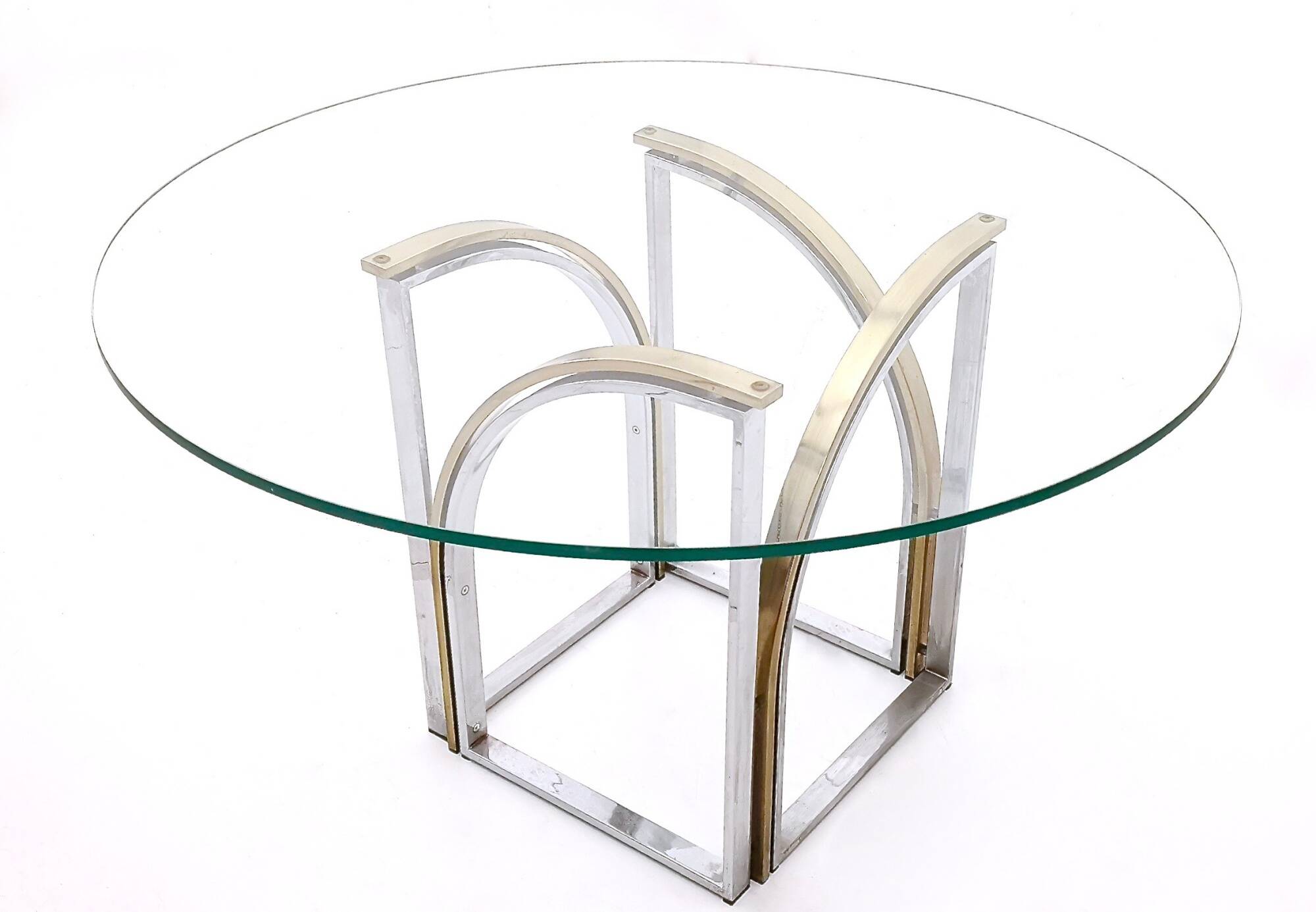 Round Brass and Steel Dining Table by Romeo Rega with Glass Top